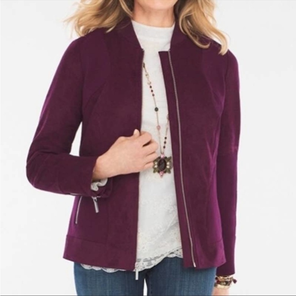 Chico's Jacket Blazer Faux Suede Knit Ponte Bomber Moto Purple Pink Zipper Large